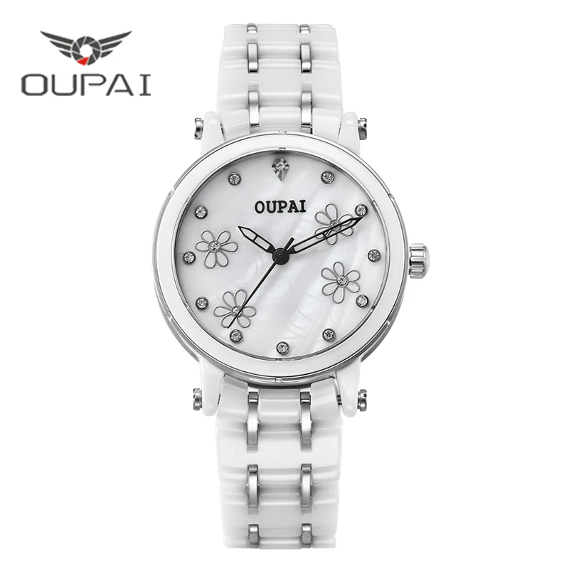 OUPAI Lucky Clover керамические водонепроницаемые женские часы белые простые роскошные высокие Quilty викторины часы для женщин