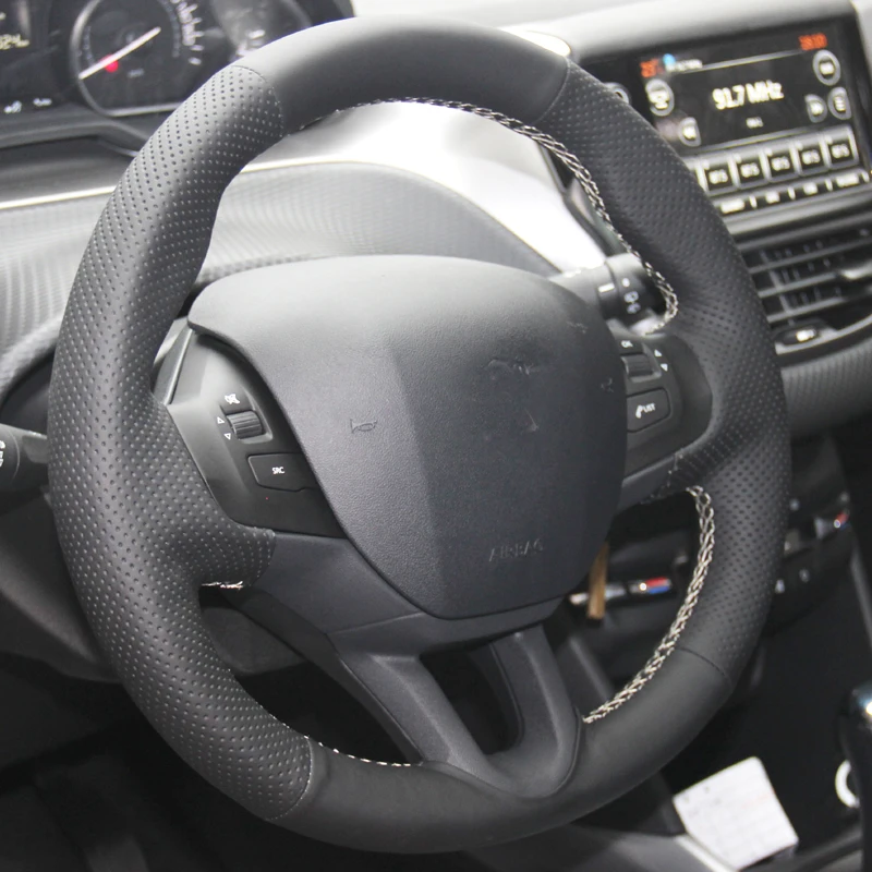 

Free Shipping High Quality cowhide Top Layer Leather handmade Sewing Steering wheel covers protect For Peugeot 208/Peugeot 2008