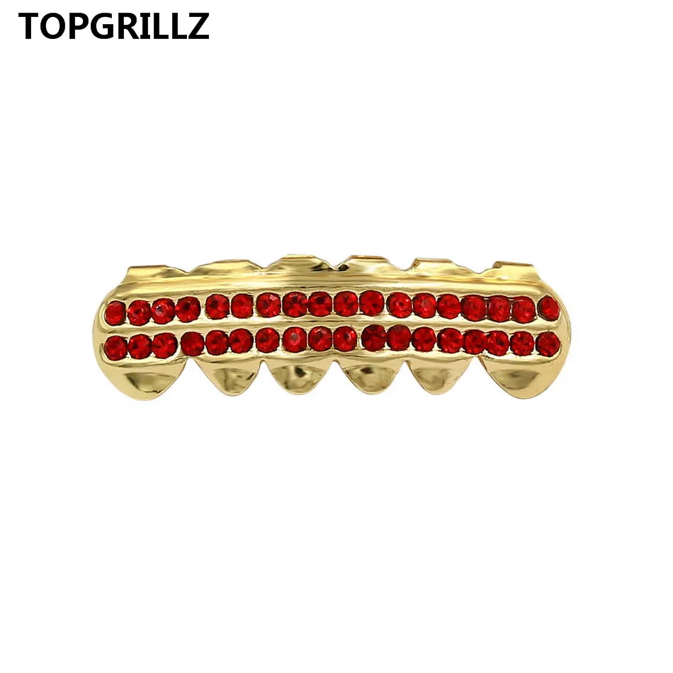 TOPGRILLZ Настоящее розовое золото цвет покрытием ICED OUT CZ зубы GRILLZ крест сверху и снизу зуб шапки Хип Хоп Bling Золотые грили - Окраска металла: Red Bottom