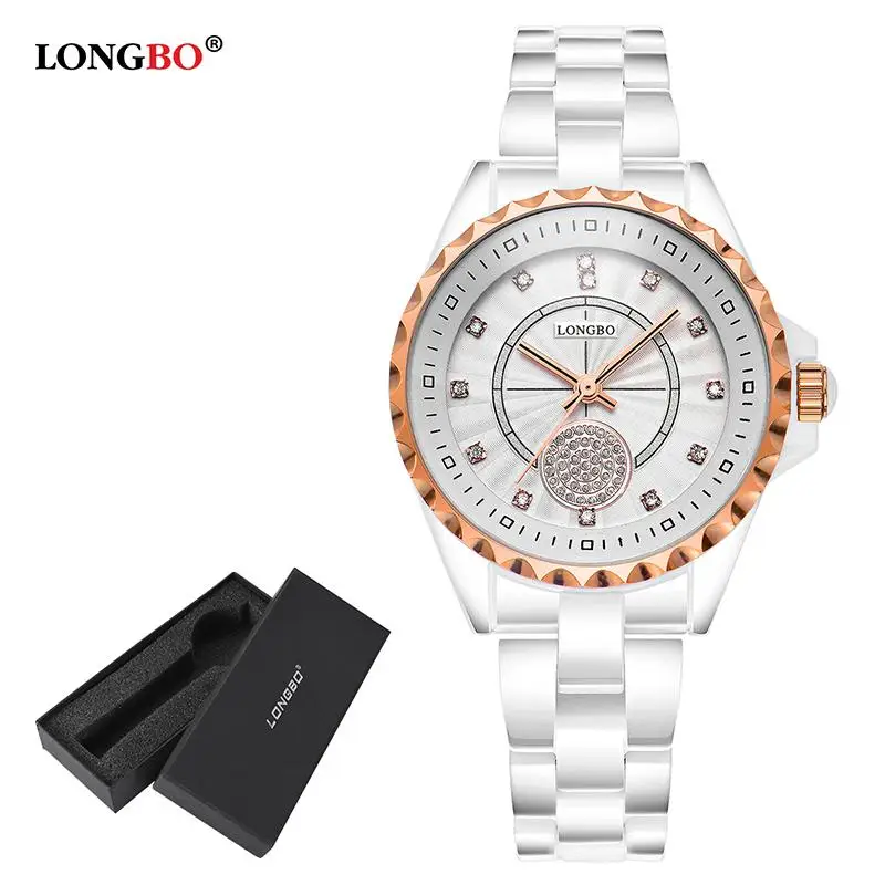 Longbo новые модные женские часы Роскошные повседневные водонепроницаемые кварцевые керамические часы женские наручные часы подарки женские 80027 - Цвет: Gold With Box 2