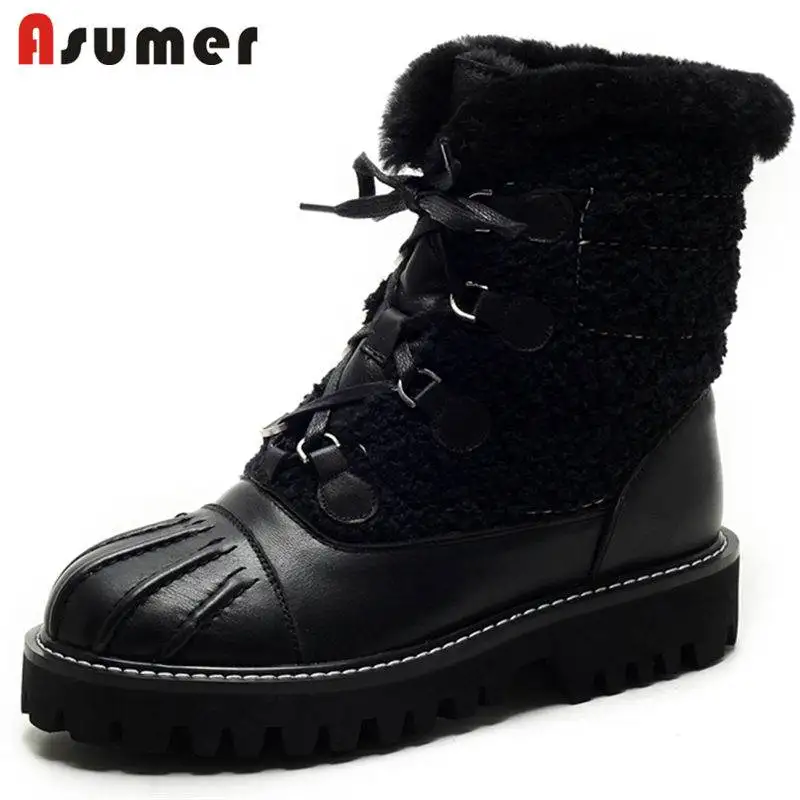 

ASUMER 2020 HOT fashion genuine leather+synthetic boots round toe ankle boots for women lace up flat with platform winter boots