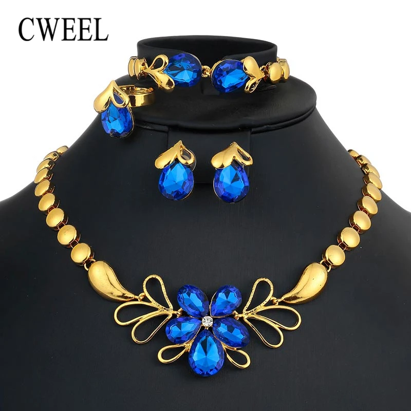 

CWEEL Jewelry Sets Blue Flower African Beads Jewelry Set For Nigerian Wedding Necklace Women Jewelry Sets Crystal Jewellery Set