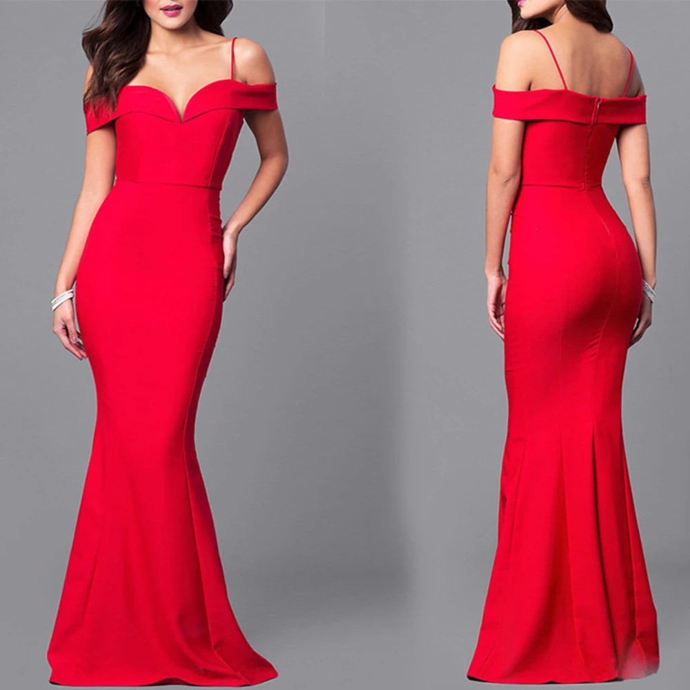 

2018 New Red Women Deep V-Neck Sling Off Shoulder Gown Formal Dress Sexy Slim Empire Floor Party Maxi Dress Harajuku Elegant