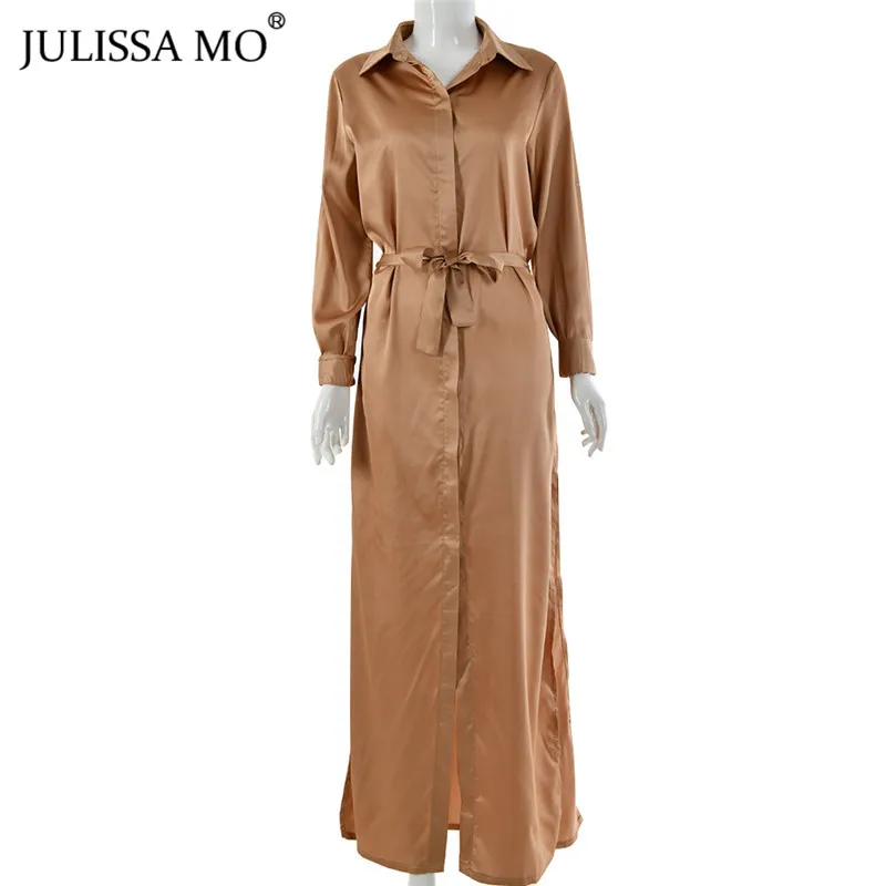 Julissa mo Золотое атласное сексуальное длинное платье с высоким разрезом для женщин с v-образным вырезом Бандажное летнее платье Модные Повседневные Вечерние платья на пуговицах Vestidos