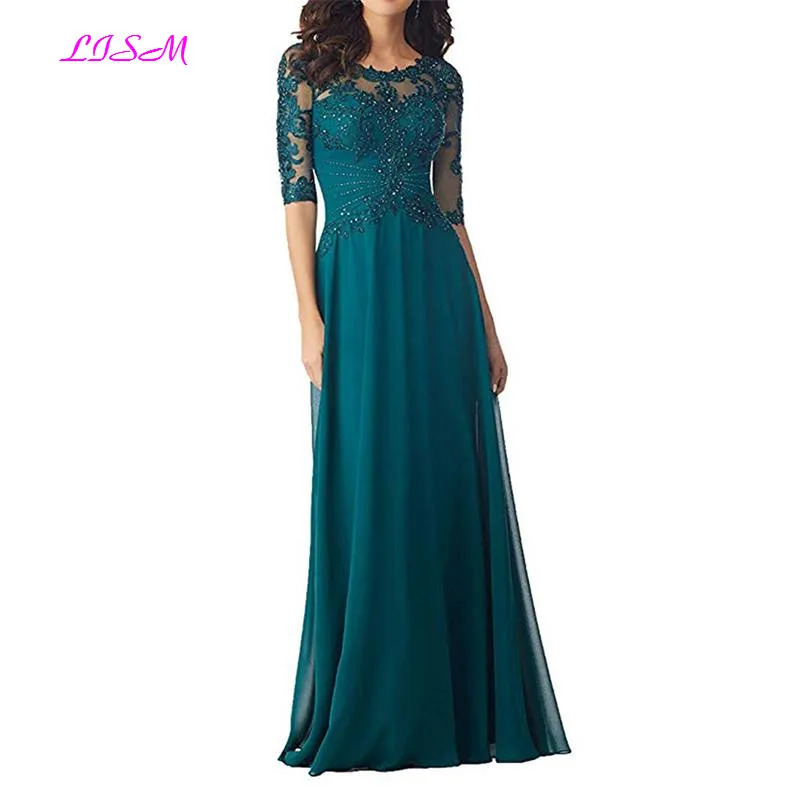 

Elegant Chiffon Mother of the Bride Dresses A Line Scoop Appliques Beadings Long Formal Gown Maxi for Women vestidos de madrinha
