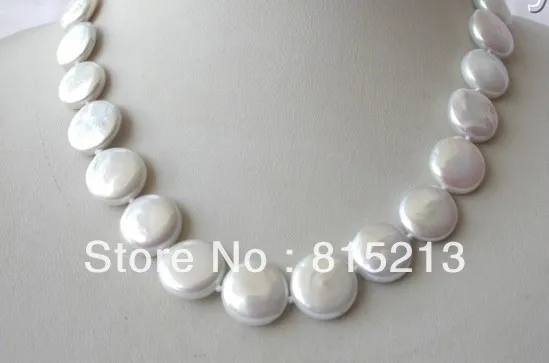 

FREE SHIPPING>@@> N188 stunning big 15mm round white coin freshwater cultured pearl necklace