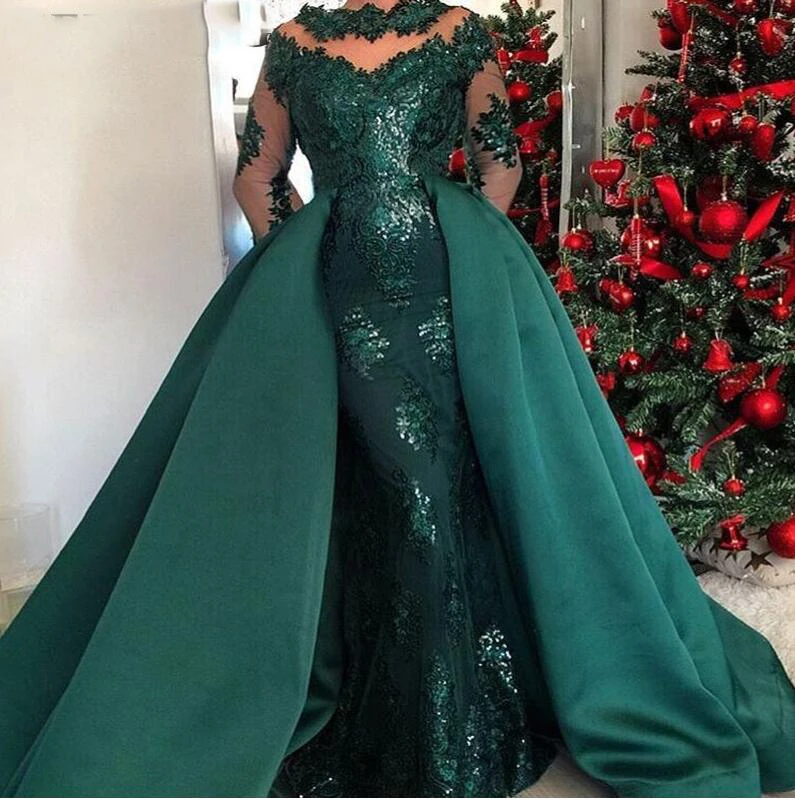 Emerald Green Long Sleeves Mermaid Evening Dress with Detachable Skirt Arabic Kaftan Dubai Prom Dresses 2019 Elegant Formal Gown