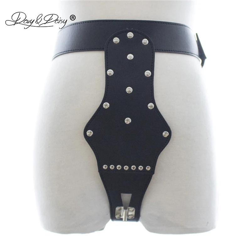 Davydaisy Women Chastity Belt Lock Rivets Sexy Panties Pu Leather Thong