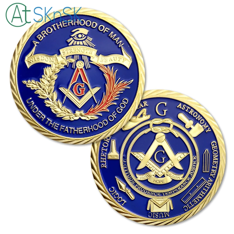 

5pcs/lot Colorful metal crafts 1 oz 24 k gold plated Masonic medals coins with capsules Freemasonry coins collectibles 40*3mm