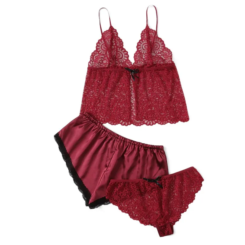New Women Sexy Charm Sleepwear Plus Size Lace Nightwear Satin Shorts & Camisole Top & Pant 3 pack Lingerie Underwear #4A22 (1)