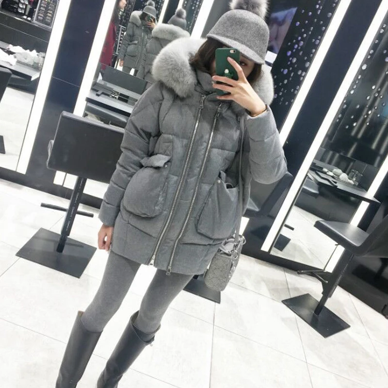 Fitaylor Real Fox Fur Collar White Duck Down Parkas Winter Women Slim Hooded Jackets Warm Snow Down Gray Coat