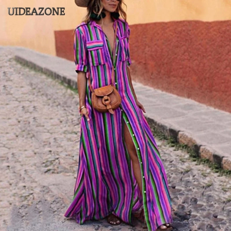 

Colorful Striped Long Maxi Dress 2018 Turn-down Collar Button Dresses Lady Pockets Loose Half Sleeve Split Print Vestidos S-3XL