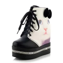 ENMAYER Bottomed Ankle Boots For Women Lace-Up Bowtie Fashion Boots Wedges Round Toe High Mixed Colors platform boots shoes