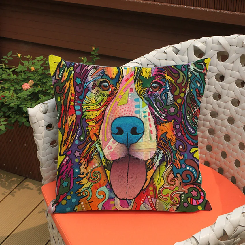 POP Art French Bulldog Puppy Cushion Cover High Quality Square Cotton Linen Animal Colorful Print Pillow Case for Sofa 45x45cm | Дом и сад