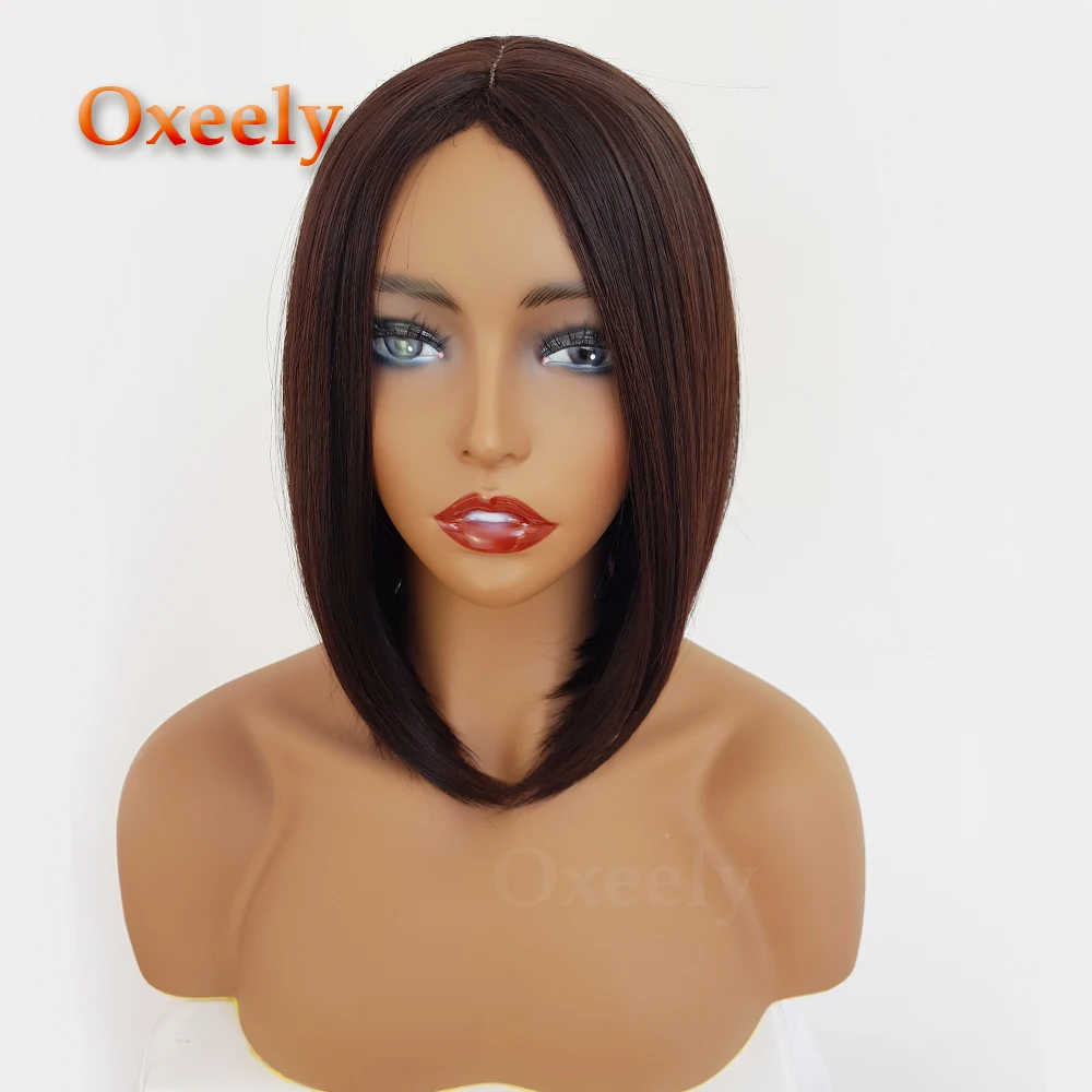 

Oxeely Synthetic Hair Wigs Silk Top Short Bob Wigs Brown Hair Mix Red Heat Resistant Fiber Hair Wigs