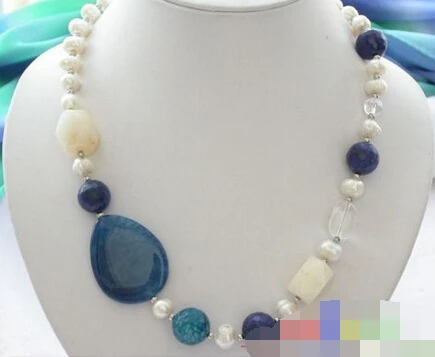 

1684 white pearl blue agate calcite jade necklace