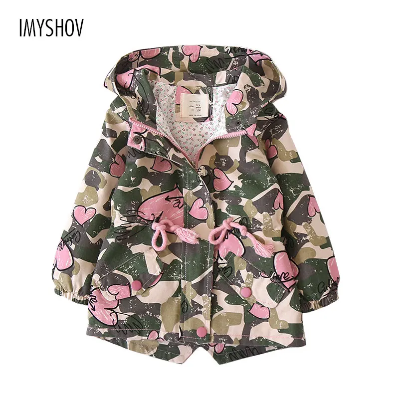 

Kids Camouflage Hooded Jacket for Girls Trench Coats Children Outerwear Windbreaker Heart Pattern Toddlers Spring Autumn Jackets