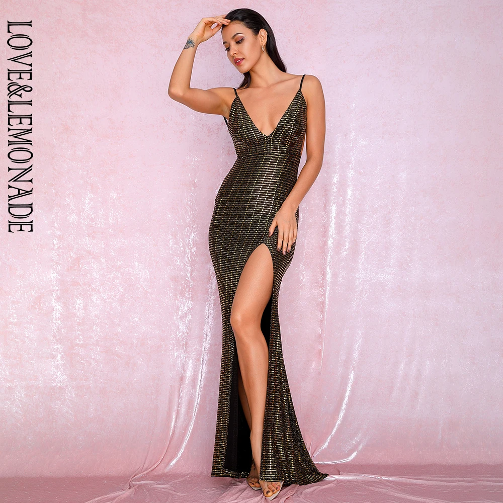 

LOVE&LEMONADE Sexy Gold Deep V-Neck Open Back Fishtail Style Bodycon Party Reflective Sequins Split Maxi Dress LM81222-2Split