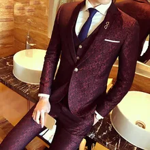 2017 Wedding Dress Suits for Men Slim Fit 3 Piece Set (Jacket+Vest+Pants) Mens Burgundy Floral Jacquard Boys Prom Suit MAUCHLEY 