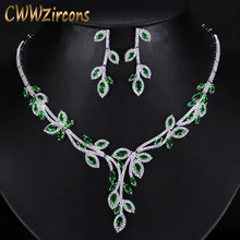 CWWZircons элегантный листьев висячие серьги из зеленого кубического циркония Большой Свадебный букет Цепочки и ожерелья и серьги Наборы свадебных ювелирных изделий для Для женщин T242