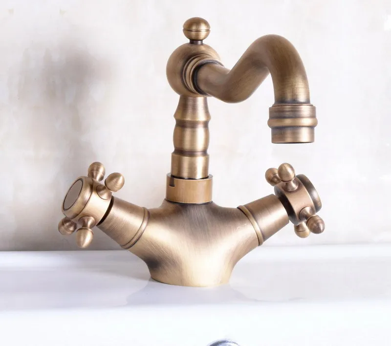 Two Cross Handles Antique Brass Single Hole Swivel Spout Kitchen Sink Bathroom Vessel Basin Faucet Mixer Tap anf245