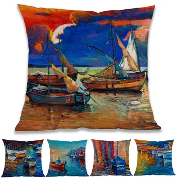 

Oil Painting Style Sunset Dusk Seaside Little Sailing Boat Moored landscape Throw Pillow Case Home Sofa Decoration Cushion Cover