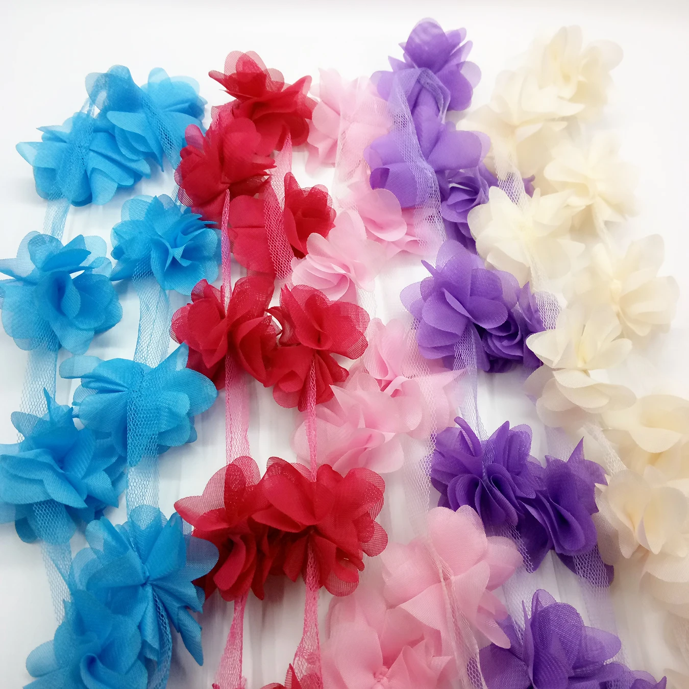4 Yards New Fringe Lace Ribbon Trim 3D Chiffon Fabric Flowers Cluster