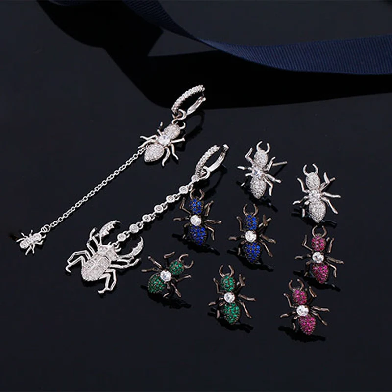 AAA+ модные серьги в виде муравья, серебряный тон, белый, зеленый, синий, красный Фианит, серьги в виде жука для женщин
