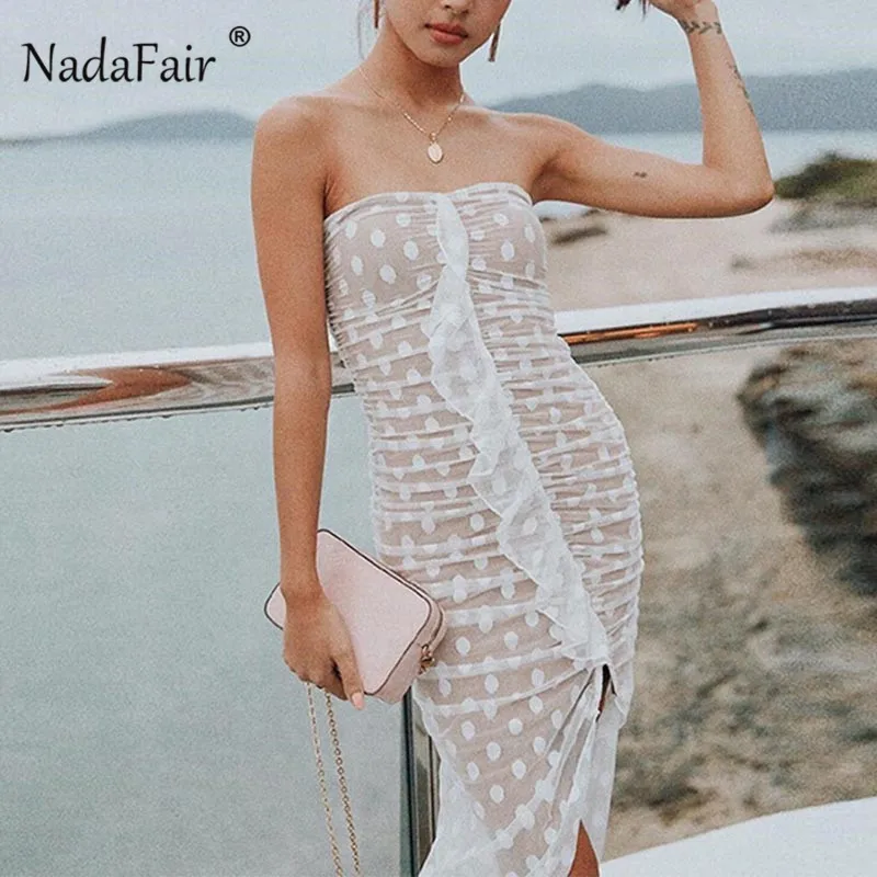 Женское Сетчатое вечернее платье Nadafair Белое Облегающее миди в горошек с разрезом