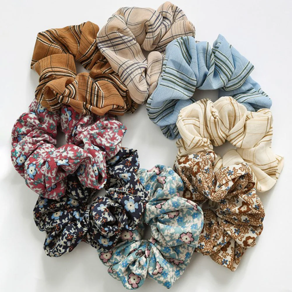 Vintage Flower Striped Plaid Soft Chiffon Hair Scrunchies Elegant Women Girls Printed Elastic Hair Rubber Bands Hair Accessories