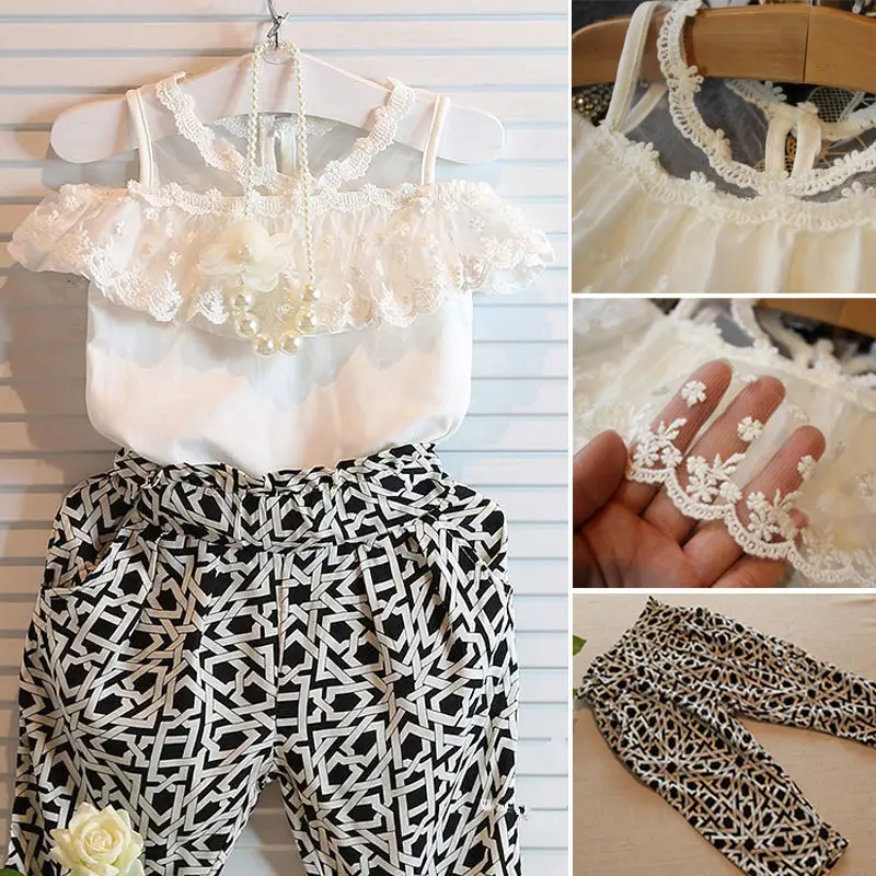 

Toddler Infant Kids Fashion Baby Girls Summer Outfits Clothes Lace T shirt Tops Pants 2PCS Set 2-7Y