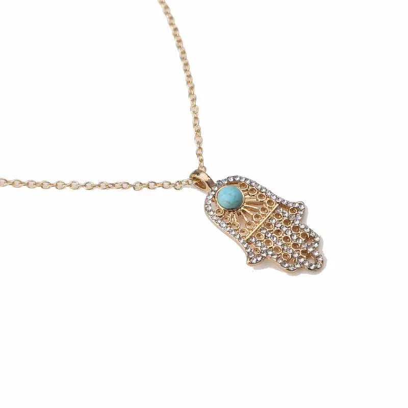 

crystal paved hamsa hand natural stone bead evil eye gold necklace fashion jewelry for women