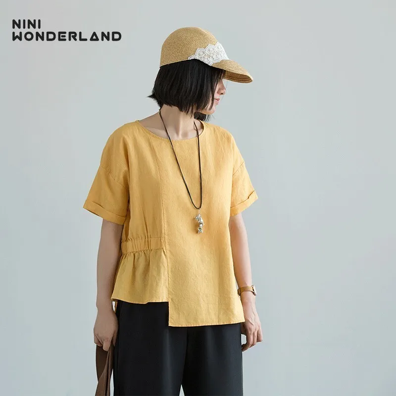 NINI WONDERLAND 2018 летние топы женская элегантная блузка Однотонная рубашка с коротким