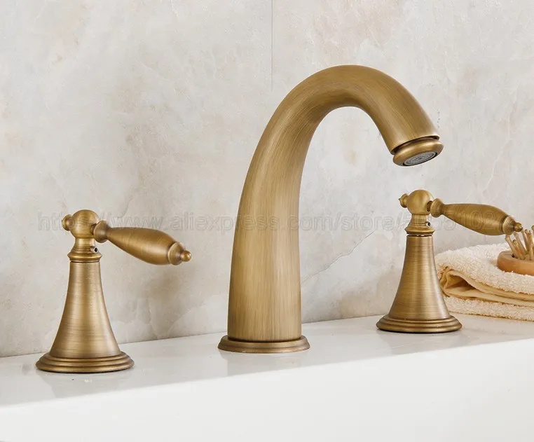 Bathroom Basin Faucet Antique Brass Bathroom Basin Mixer Tap Double Handles 3 pcs Bathroom Basin Faucets znf434