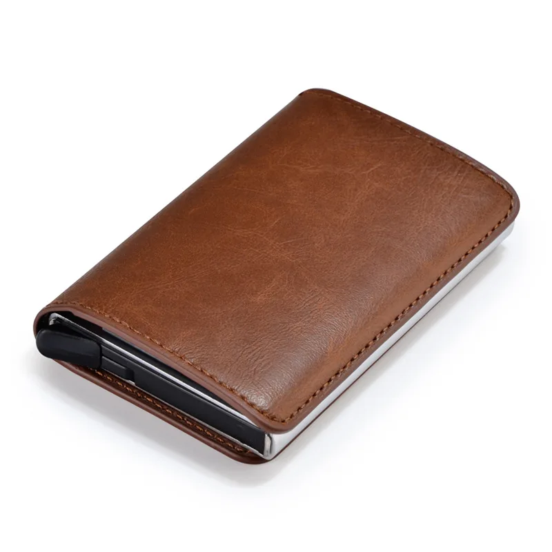 

NewMetal Credit Card Holder Automatic Elastic Vintage Aluminum Wallet PU Leather Antitheft Rfid Blocking Wallet Pass Port Holder