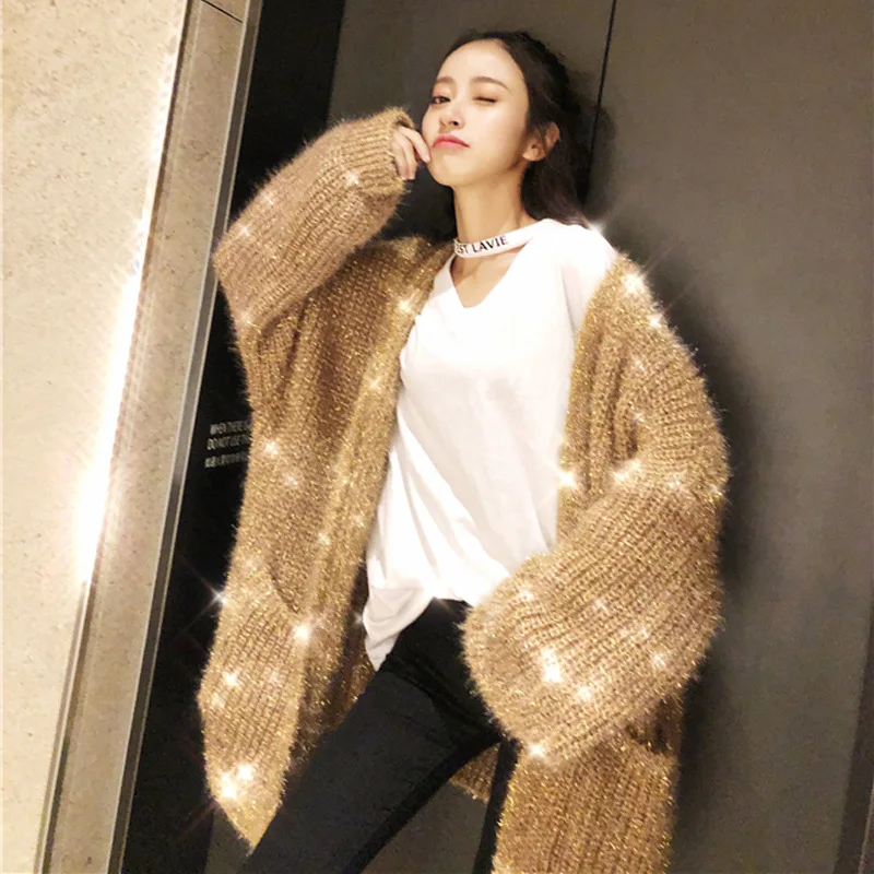 

Autumn Winter Women Cardigans Sweater Casual Loose Knitted Jumpers Long Sleeve Crocheted Pullovers Shiny Streetwear Sweaters
