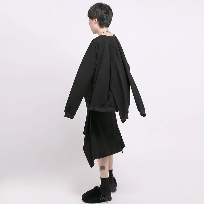 [EAM] 2019 New Spring Round Neck Logn Sleeve Black Personality Stitching Loose Big Size Sweatshirt Women Fashion JH716