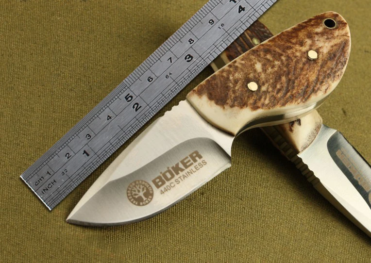 New Boker Knives Antler Handle 7Cr17 Steel Fixed Blade Hunting Knife mini Knife With Leather