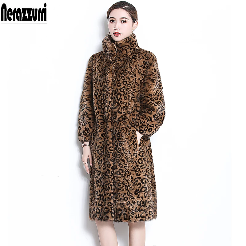 

Nerazzurri Real mink fur coat leopard print mink coats long sleeve warm thick luxury plus size natural fur overcoat 5xl 6xl 7xl