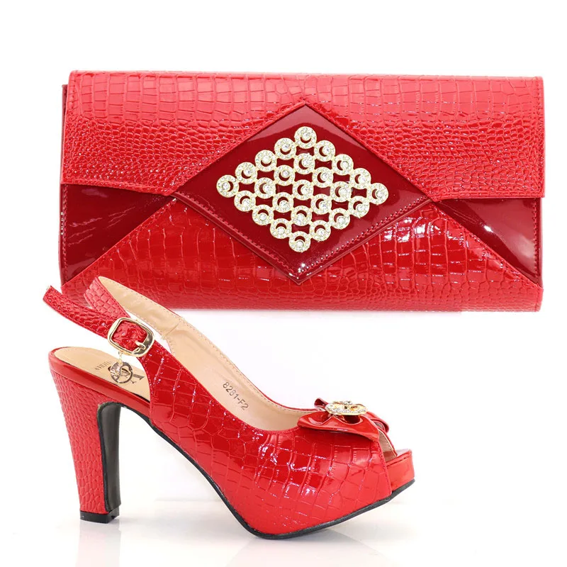 

Newest Fashion Red Color African Italian Demure Shoe and Matching Bag Set Bows decorate Career shoes and bags set