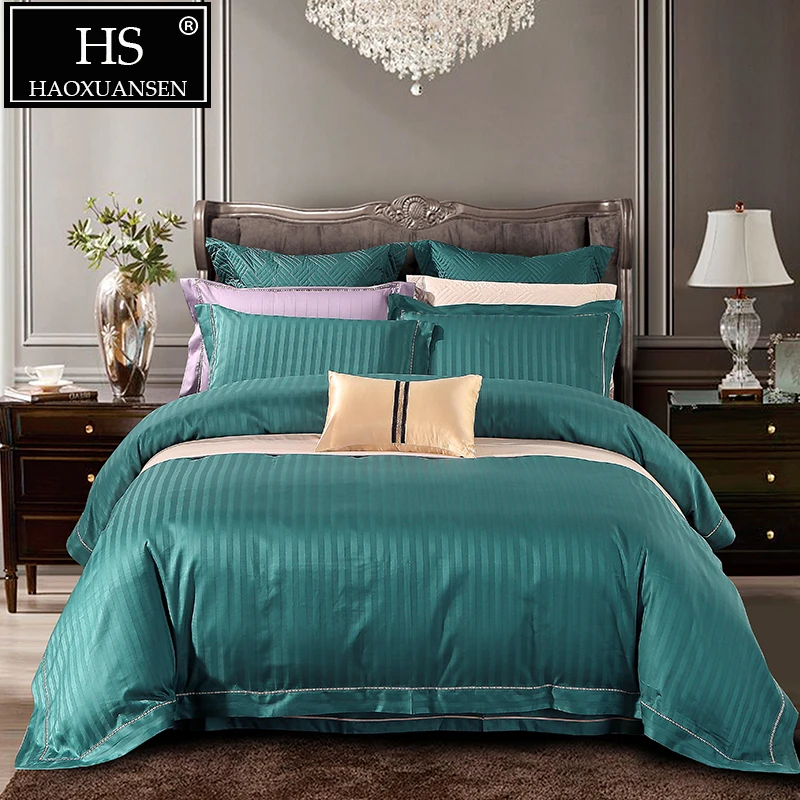 

Luxury Green Stripes Jacquard 4pcs Bedding Sets Queen King Size 100% Cotton 650 Thread Count Fabric Duvet Cover Bed Sheet Set