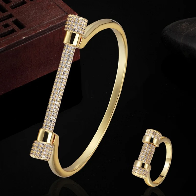 Роскошный бренд, Сумка, Женский кубический циркон, свадебный браслет с кольцом, набор золотых браслетов, набор женских свадебных ювелирных изделий - Окраска металла: Gold color ring 8