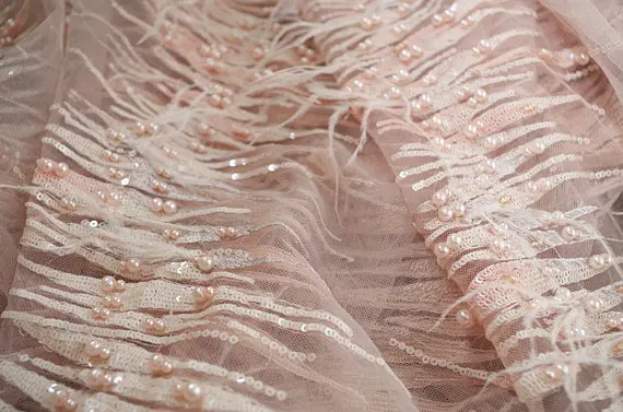 

30 yards peach pink lace fabric with sequins and feather super delicat 3D beads bridal lace fabric, beading cord lace