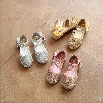 

2018 NEW Children Princess Glitter Sandals Kids Girls Soft Shoes Square Low-heeled Dress Party Shoes Pink /Silver/Gold