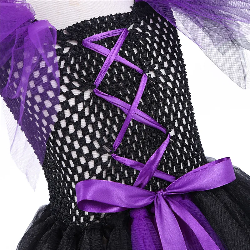TiaoBug Дети Девушки Черный Фиолетовый бантом Сетчатое платье-пачка детей, карнавал, Хэллоуин маска Косплэй вечерние Платье ведьмы до