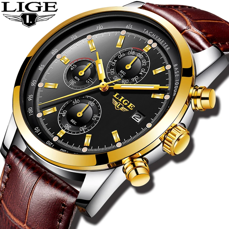 

LIGE Men Business Leather Waterproof Sport Clock Mens Watches Top Brand Luxury Fashion Gold Quartz Wrist Watch Male Montre Homme