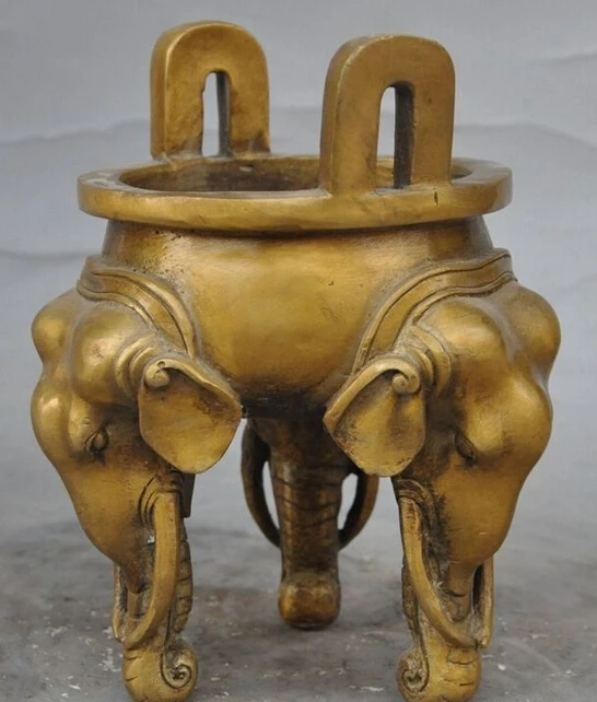 

006993 marked chinese fengshui pure bronze 3 Elephant head statue incense burner Censer