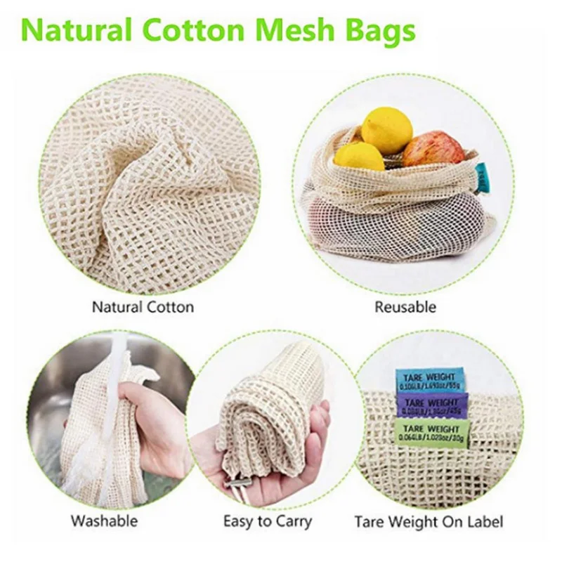 

Reusable Mesh Cotton Bags Hanging Fruit Breathable Bag Fruit and Vegetable with Drawstring Home Kitchen Grocery Store Bag
