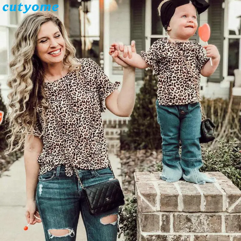 Mommy and me Clothes Short Slevee Leopard Tops Family t shirt mother and daughter clothes Mom And Daughter Chiffon T-shirt (7)