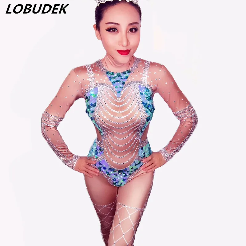 

Sexy Female Costume blue crystals Jumpsuit leotard stretch jumpsuit singer dancer Bar show performance Catwalk stage DJ costumes